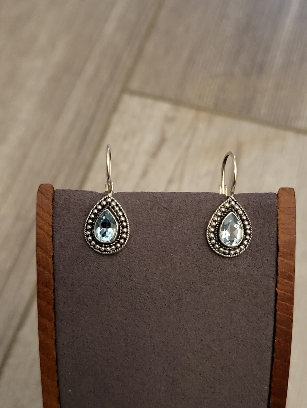 Sterling 925 Silver Teardrop Leverback Earrings with Blue Topaz Gemstones